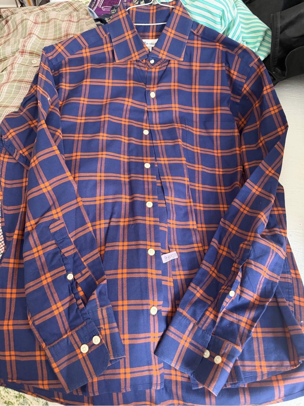 Peter Millar Navy and Orange Plaid Button-Down Shirt